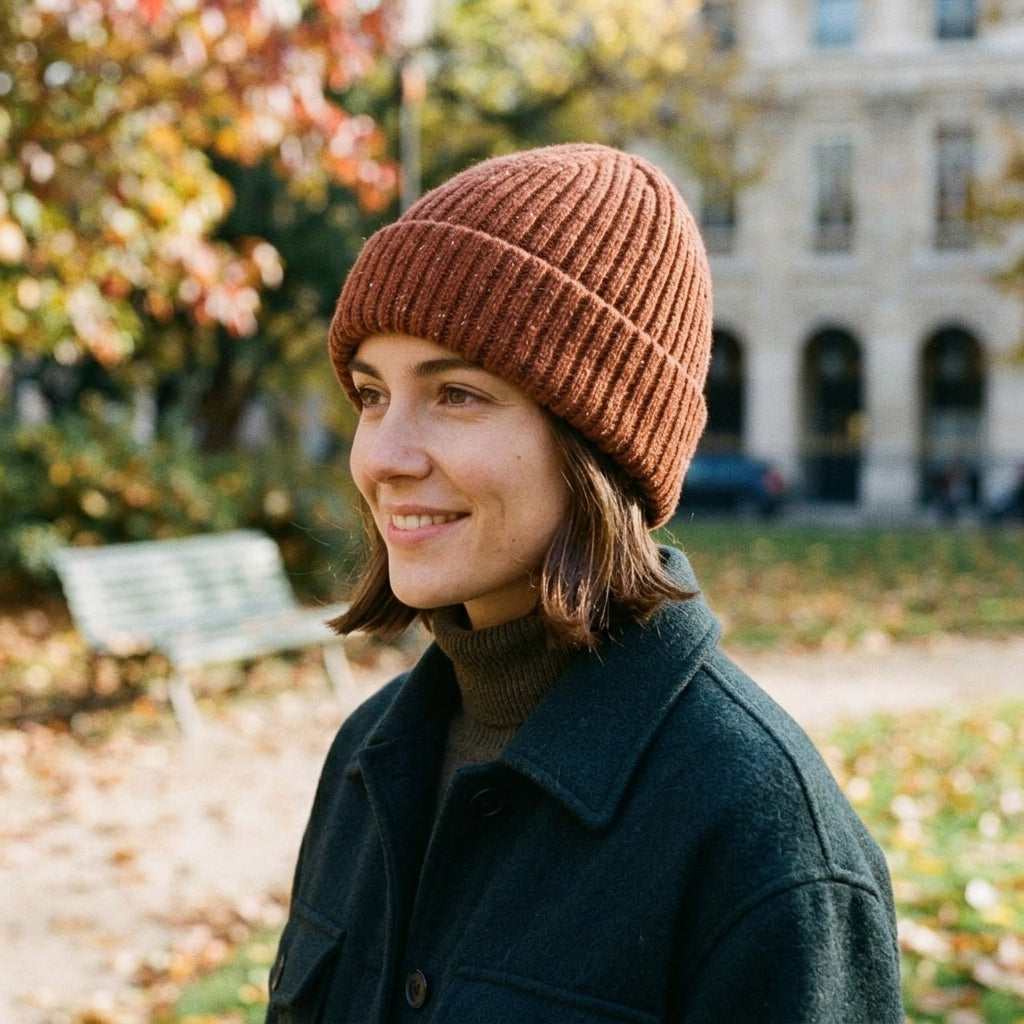 Rust Flecked Rib-Knit Beanie — styled look