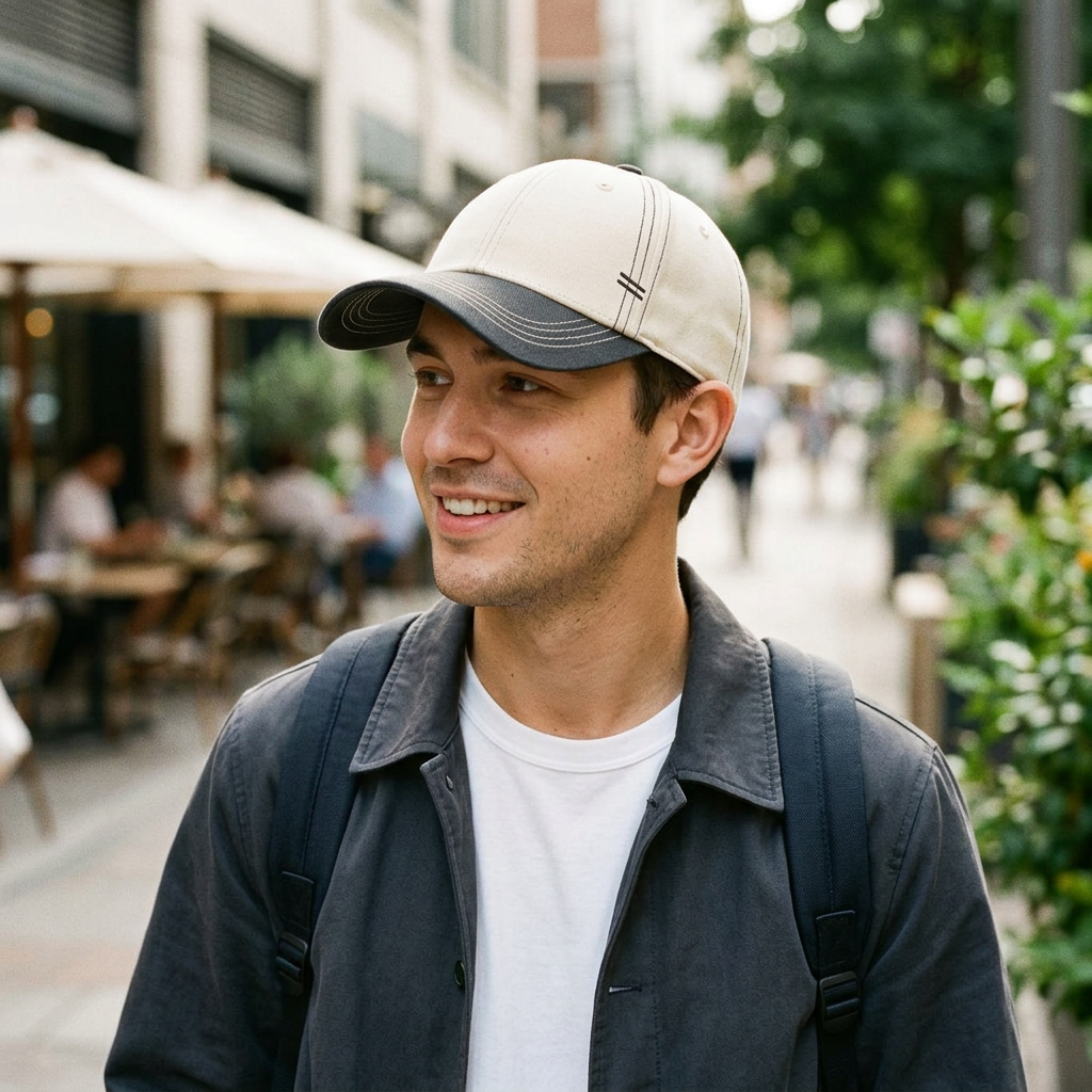 Ivory & Charcoal Contrast Stitch Baseball Cap — styled look