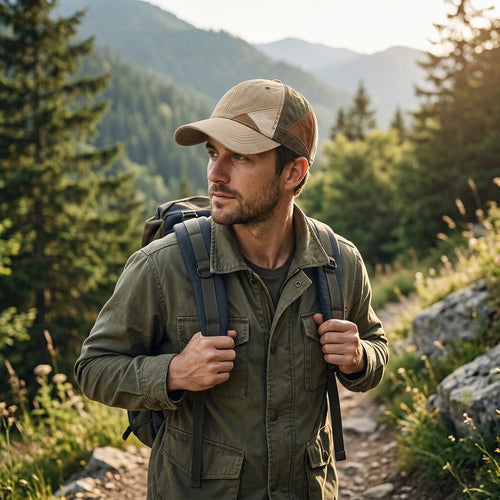 Earth-Tone Patchwork Canvas Baseball Cap — styled look