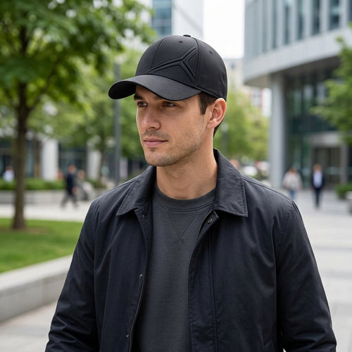Black Sculpted Linework Baseball Cap — styled look