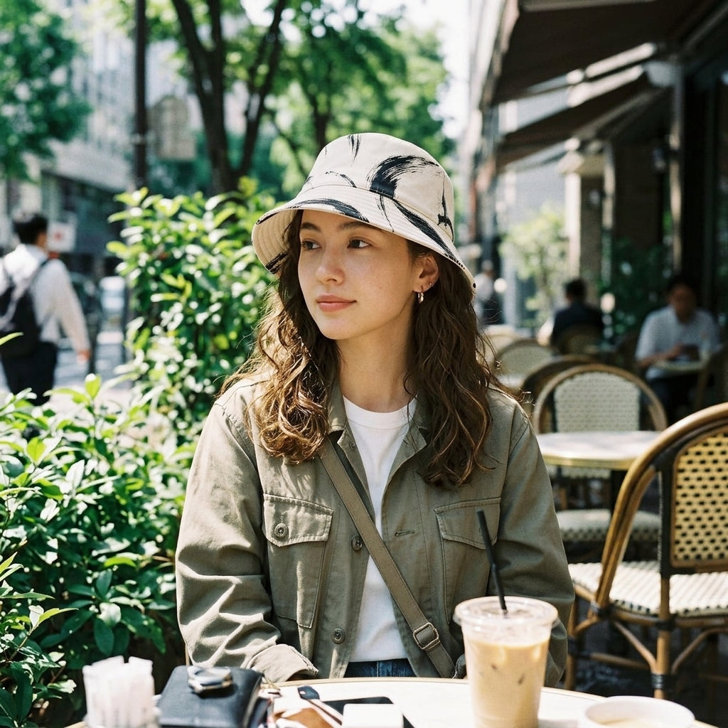 Ivory Ink-Brush Canvas Bucket Hat — styled look