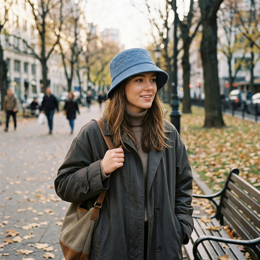 Dusty Blue Quilted Bucket Hat — styled look