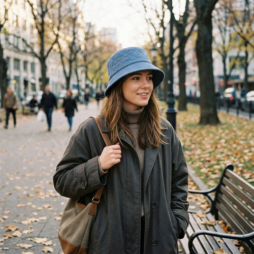 Dusty Blue Quilted Bucket Hat — styled look
