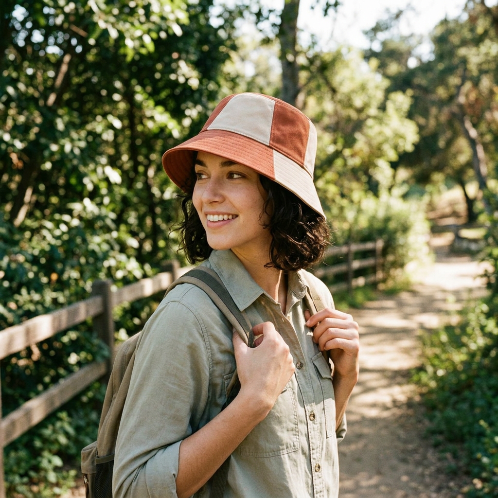 Terracotta & Sand Color-Block Bucket Hat — styled look
