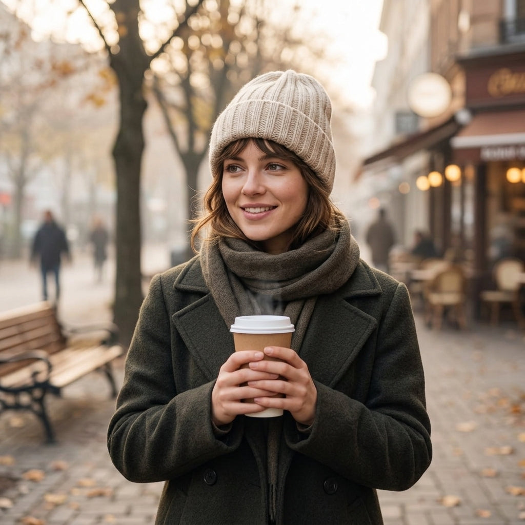 Oatmeal Rib-Knit Foldover Beanie — styled look
