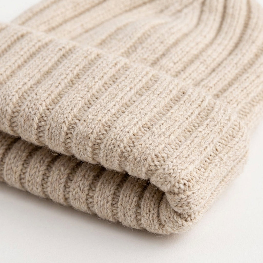 Oatmeal Rib-Knit Foldover Beanie — detail view