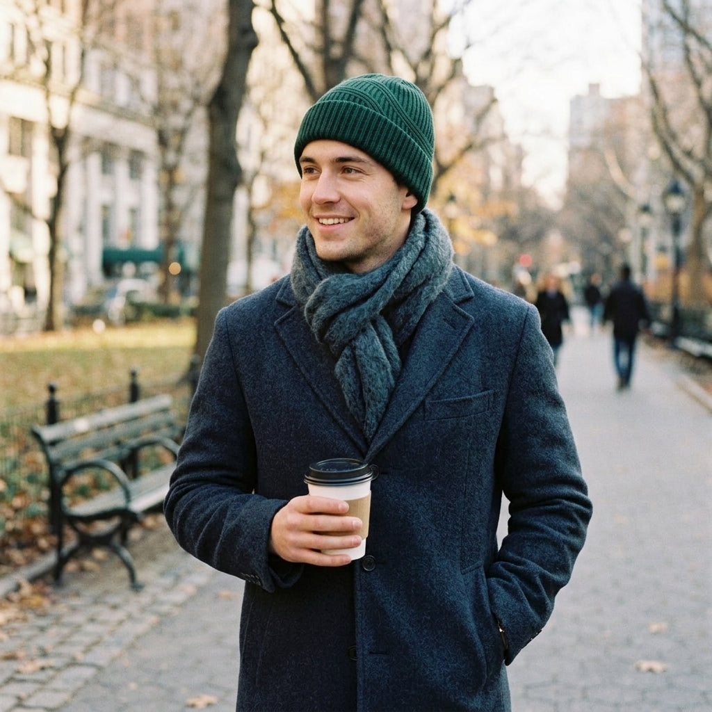 Forest Green Wave-Knit Beanie — styled look