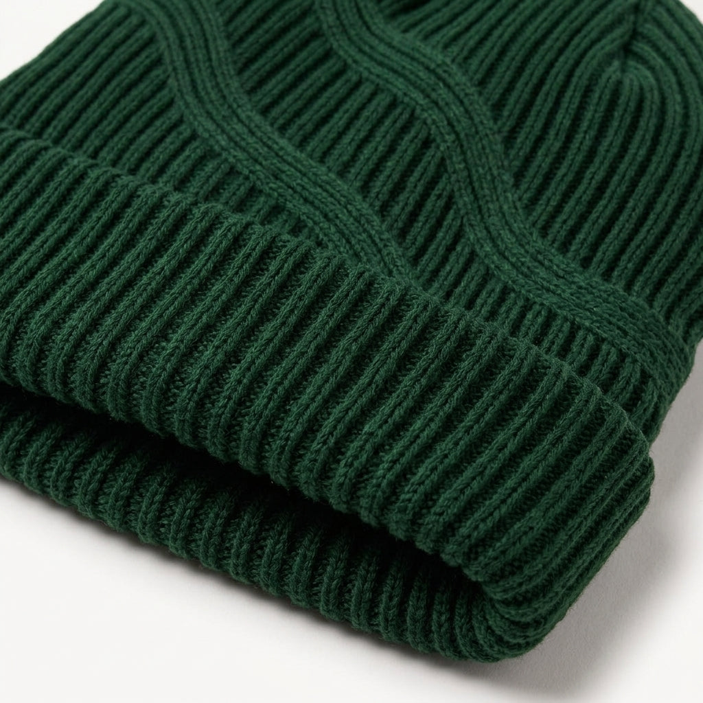 Forest Green Wave-Knit Beanie — detail view